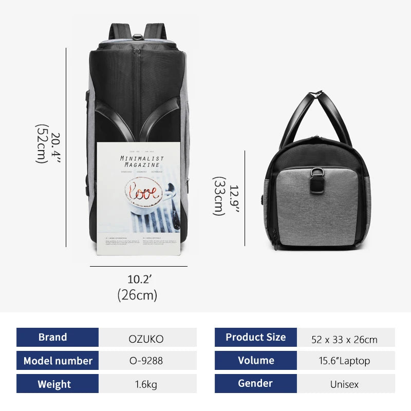 OZUKO Capacity Luggage Handbag Male Waterproof