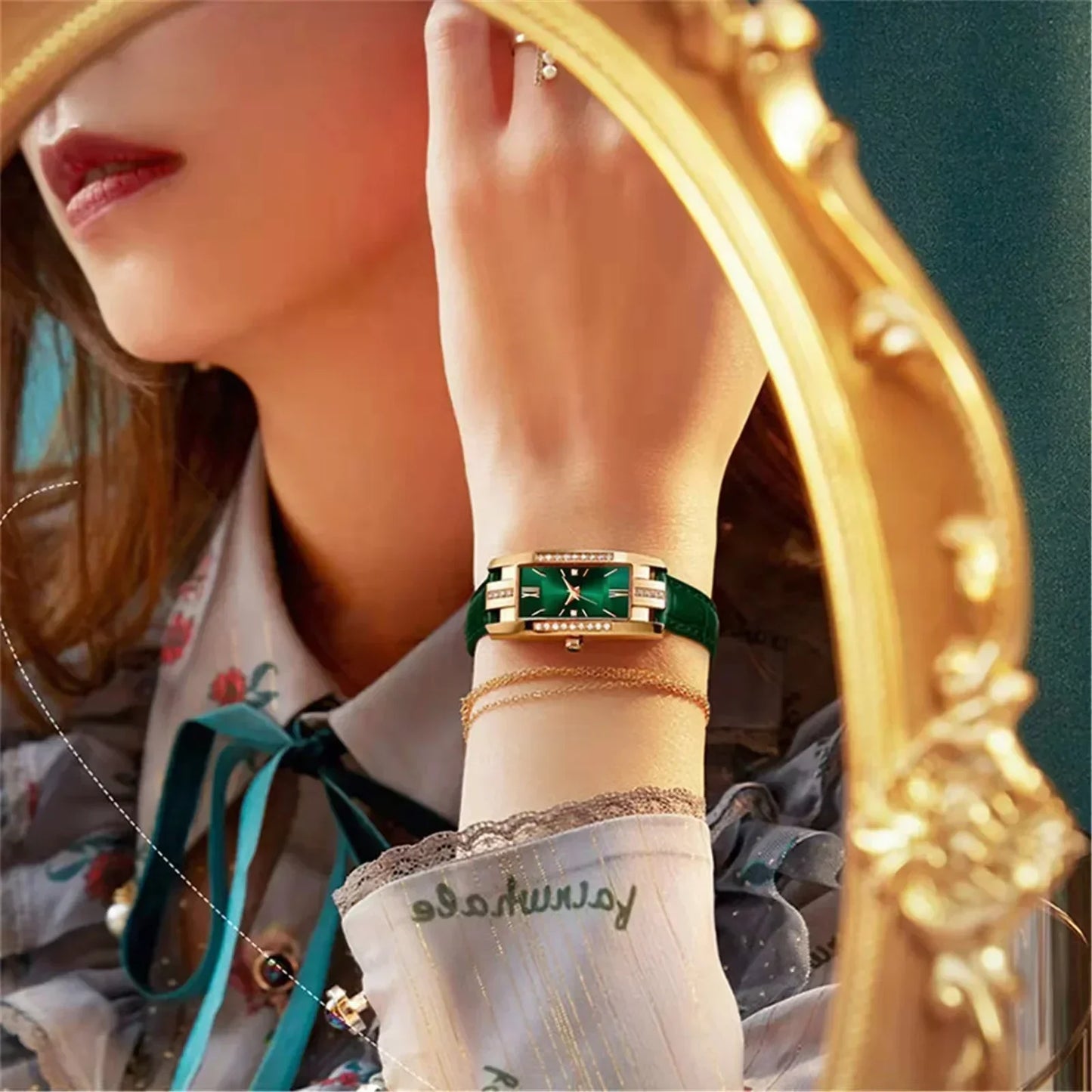 WOKAI high quality classic retro women's belt quartz square green quartz watch