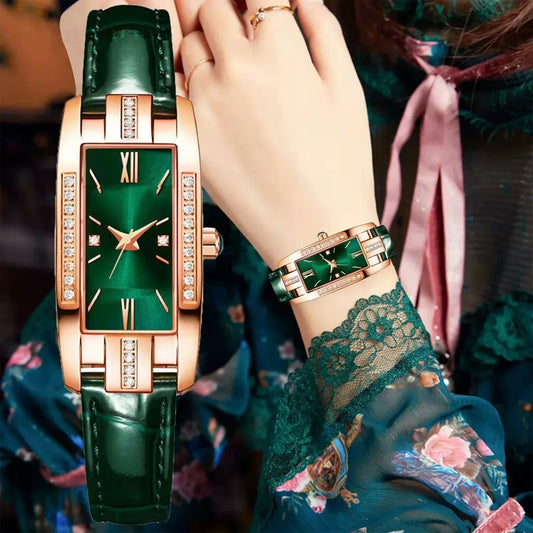 WOKAI high quality classic retro women's belt quartz square green quartz watch