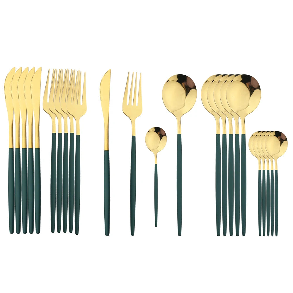 24Pcs Black Handle Golden Cutlery Set Stainless Steel
