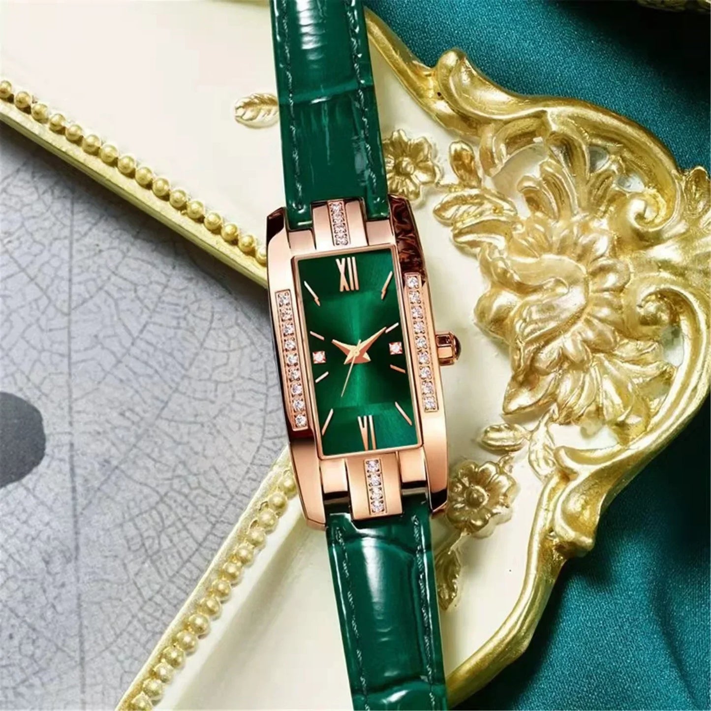 WOKAI high quality classic retro women's belt quartz square green quartz watch