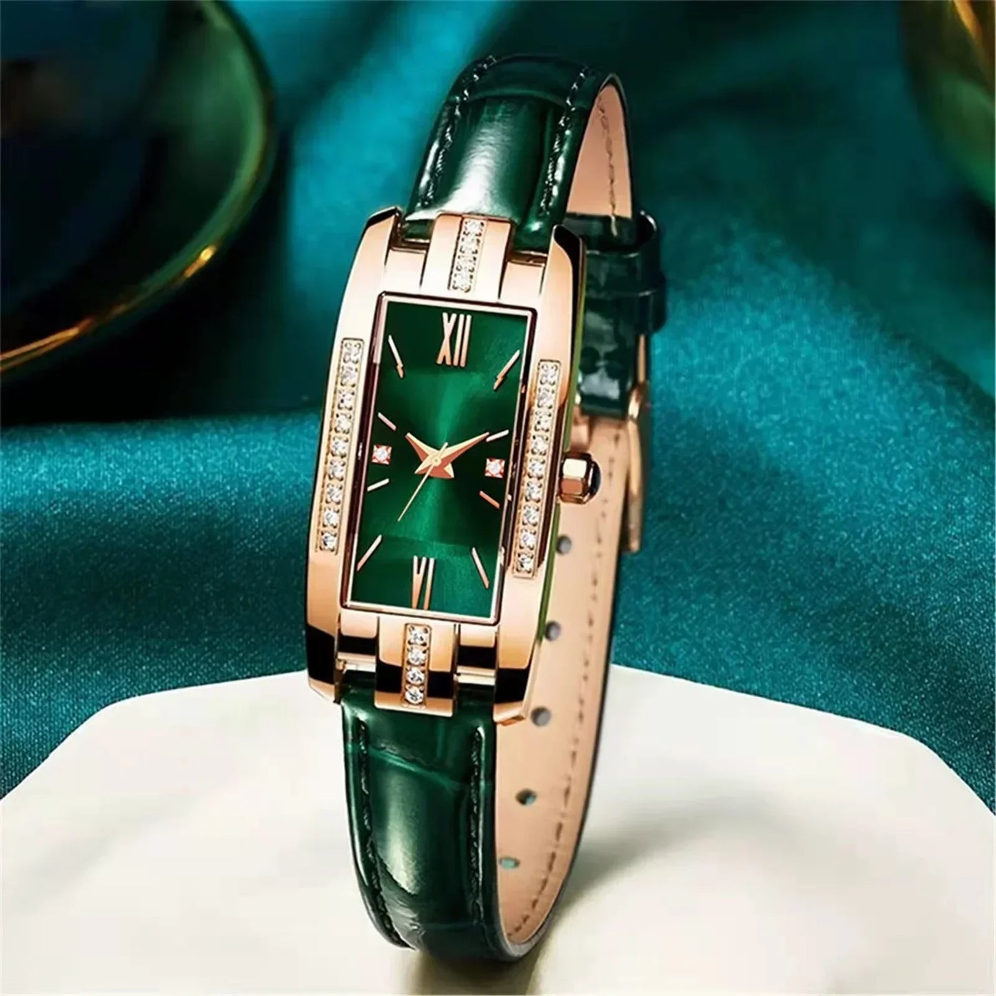 WOKAI high quality classic retro women's belt quartz square green quartz watch