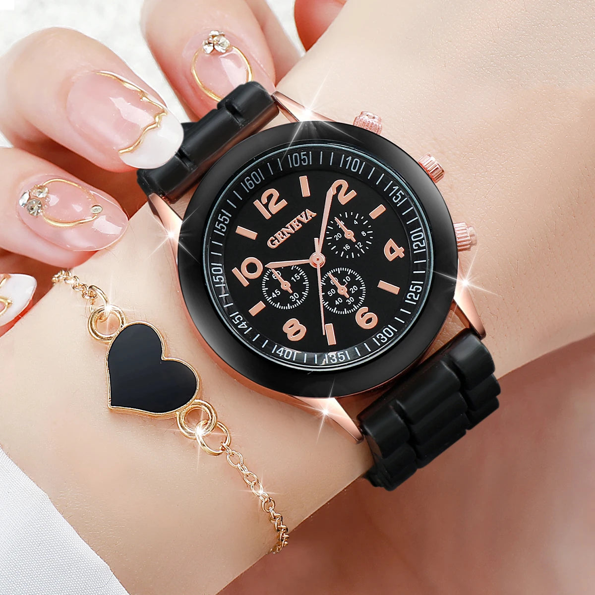 set Women Watches Fashion Silicone Band Women Quartz Watches Heart Jewelry Set
