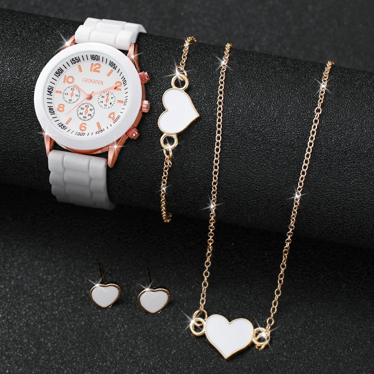 set Women Watches Fashion Silicone Band Women Quartz Watches Heart Jewelry Set