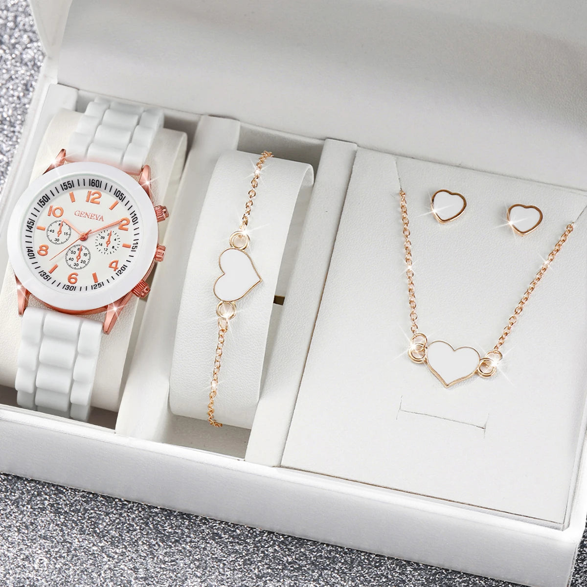 set Women Watches Fashion Silicone Band Women Quartz Watches Heart Jewelry Set