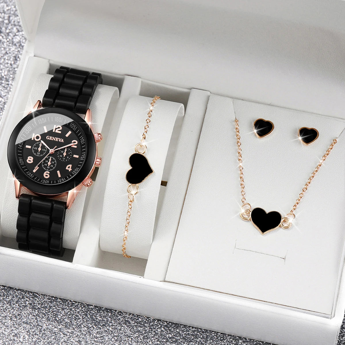 set Women Watches Fashion Silicone Band Women Quartz Watches Heart Jewelry Set
