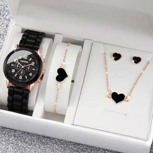 set Women Watches Fashion Silicone Band Women Quartz Watches Heart Jewelry Set