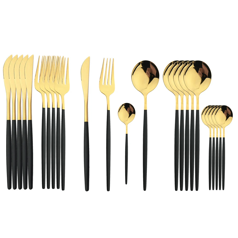 24Pcs Black Handle Golden Cutlery Set Stainless Steel