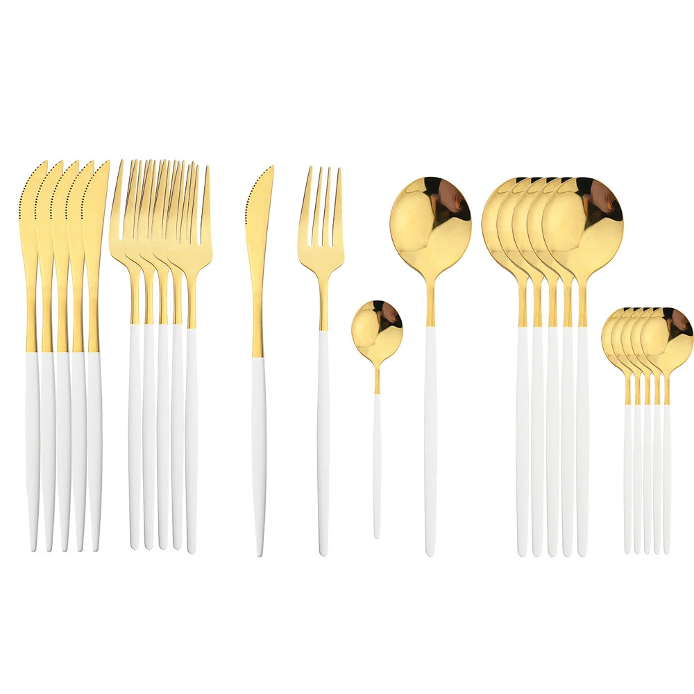 24Pcs Black Handle Golden Cutlery Set Stainless Steel
