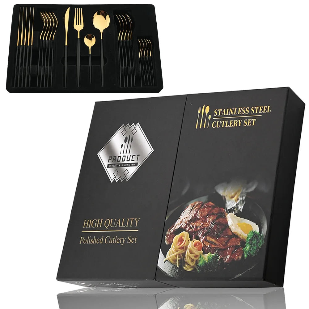 24Pcs Black Handle Golden Cutlery Set Stainless Steel