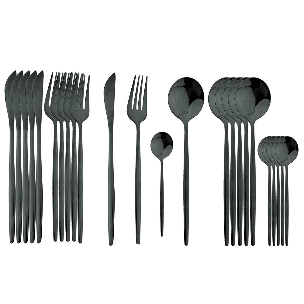 24Pcs Black Handle Golden Cutlery Set Stainless Steel