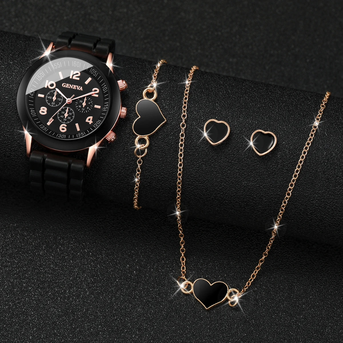 set Women Watches Fashion Silicone Band Women Quartz Watches Heart Jewelry Set