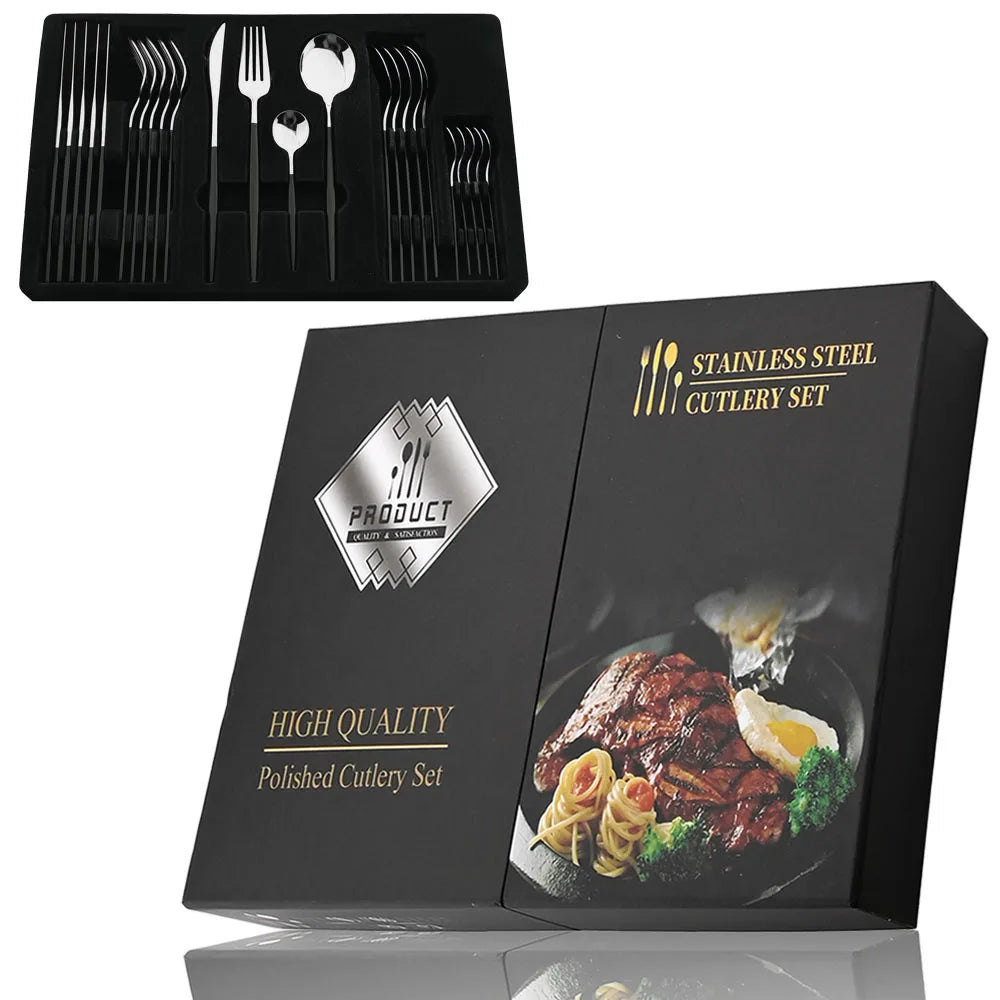 24Pcs Black Handle Golden Cutlery Set Stainless Steel