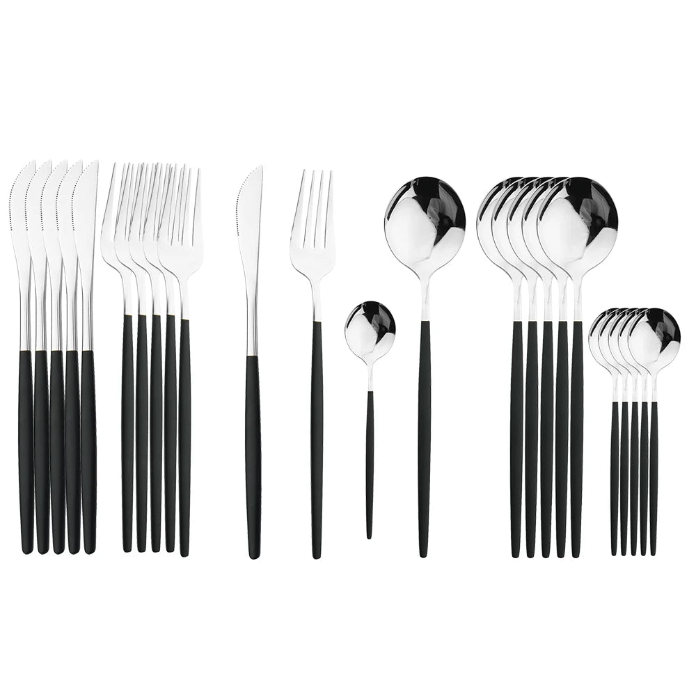 24Pcs Black Handle Golden Cutlery Set Stainless Steel